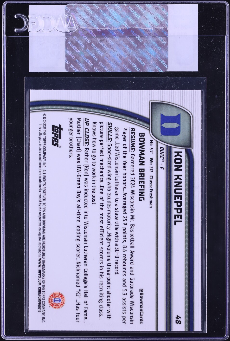 2024 Bowman Chrome University Kon Knueppel ROOKIE #48 CGC AUTH