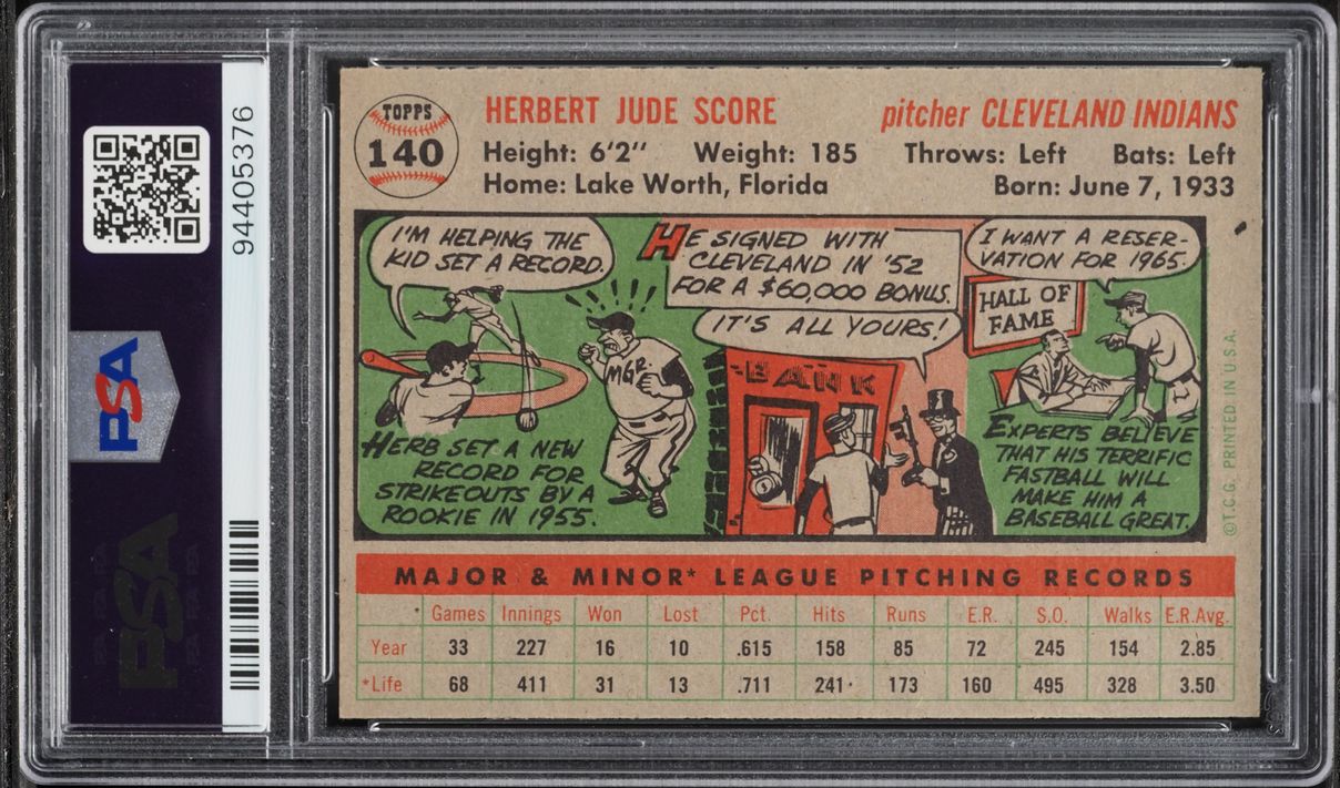 1956 Topps Herb Score ROOKIE, GRAY BACK #140 PSA 7 NRMT