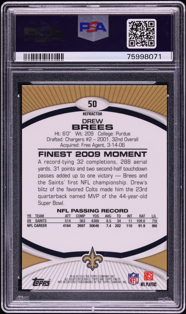 2010 Finest Black Refractor Drew Brees /99 #50 PSA 9 MINT - Photo 2