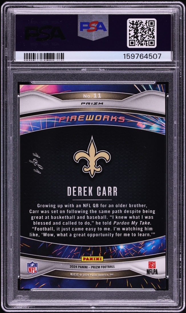 2024 Panini Prizm Fireworks Black Finite Derek Carr 1/1 #11 PSA 9 MINT - Photo 2