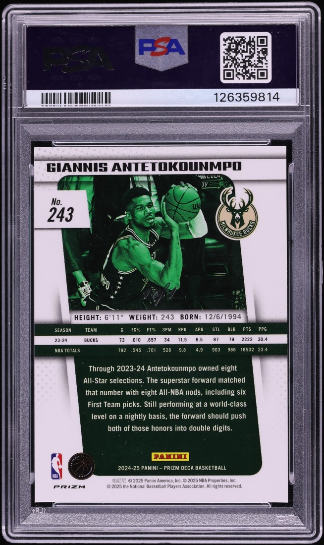 2024 Panini Prizm Deca Black Giannis Antetokounmpo 1/1 #243 PSA 7 NRMT - Photo 2