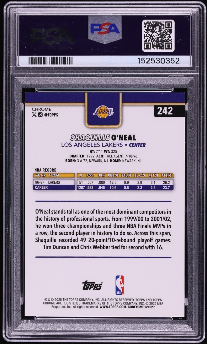 2025 Topps Chrome Black Basketball Refractor Shaquille O'Neal /10 #242 PSA 9 MINT - Photo 2