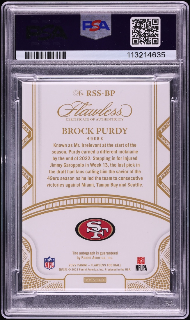 2022 Panini Flawless Shadow Signatures Silver Brock Purdy ROOKIE AUTO /15 #RSS-BP PSA 8 NM-MT - Photo 2