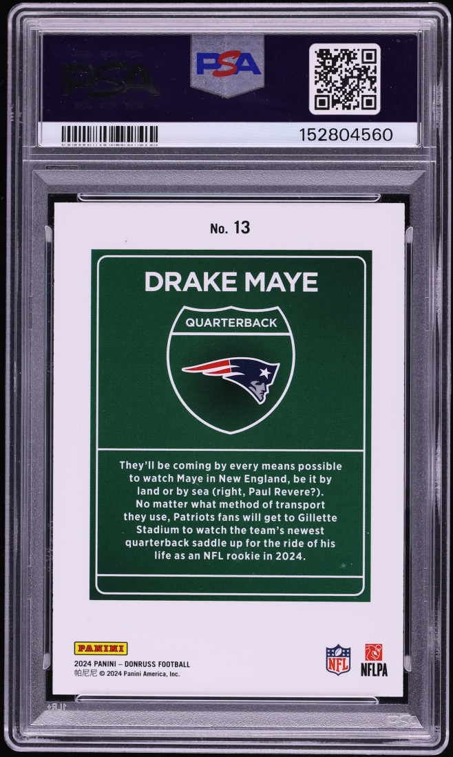2024 Donruss Downtown Drake Maye ROOKIE #13 PSA 8 NM-MT - Photo 2