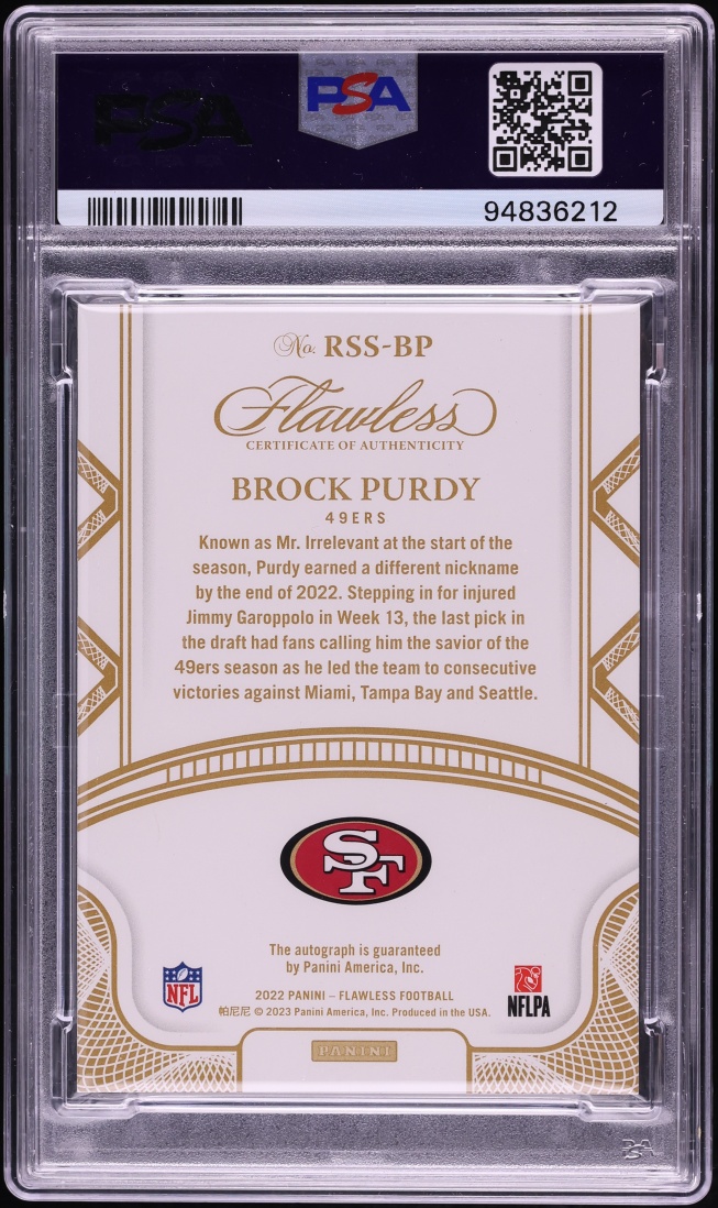 2022 Panini Flawless Shadow Signatures Sapphire Brock Purdy ROOKIE AUTO /8 #RSS-BP PSA 9 MINT - Photo 2