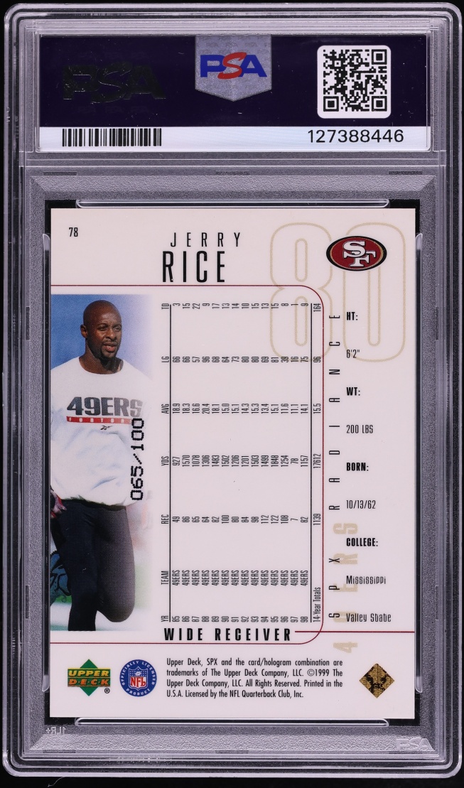 1999 SPx Radiance Jerry Rice /100 #78 PSA 8 NM-MT - Photo 2