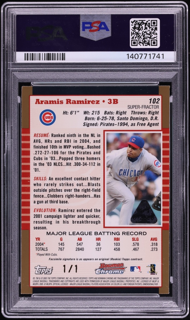 2005 Bowman Chrome Superfractor Aramis Ramirez 1/1 #102 PSA 8 NM-MT - Photo 2