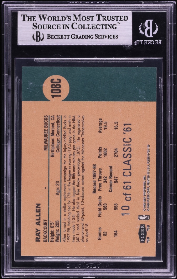 1998 Fleer Classic '61 Ray Allen /61 #108C BGS 8.5 NM-MT+ - Photo 2