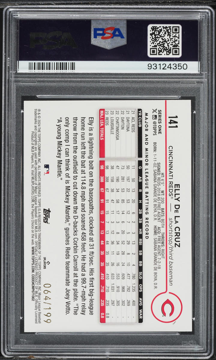2024 Topps Red Crackle Foil Board Elly De La Cruz ROOKIE /199 #141 PSA 10 GEM