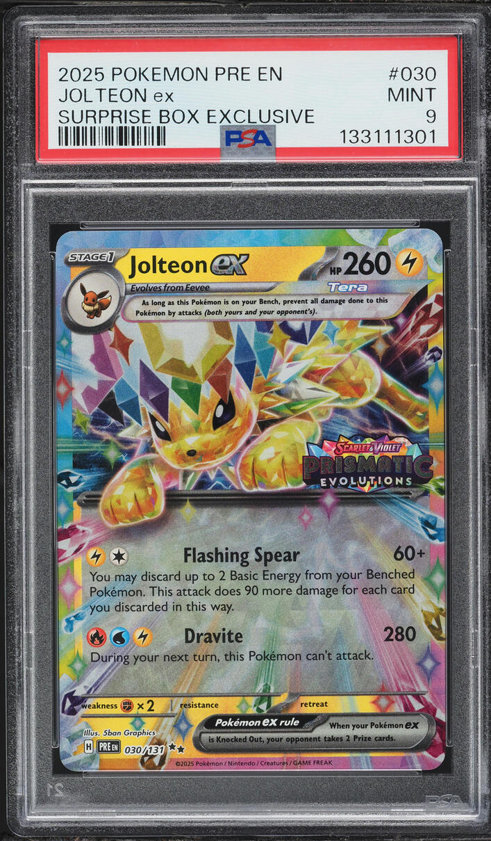 2025 Pokemon Sword & Shield Prismatic Evolutions Surprise Box Holo Jolteon EX #3 PSA 9 MINT