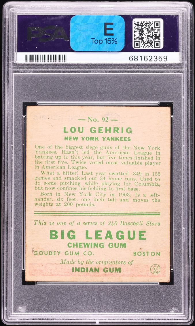 1933 Goudey Lou Gehrig #92 PSA 3 VG
