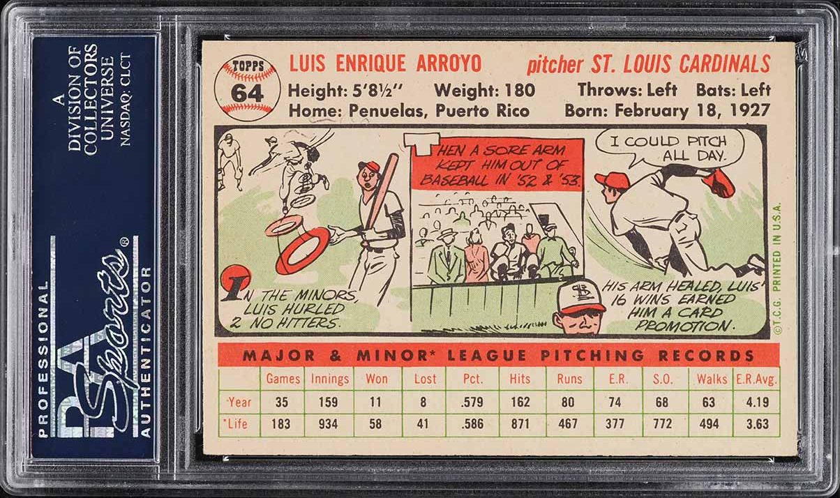 1956 Topps Luis Arroyo WHITE BACK #64 PSA 7 NRMT