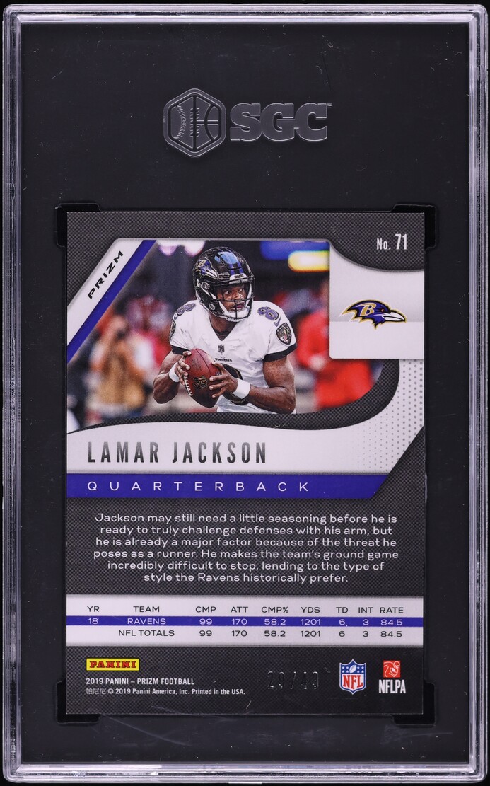 2019 Panini Prizm Purple Power Lamar Jackson /49 #71 SGC 10 GEM MINT