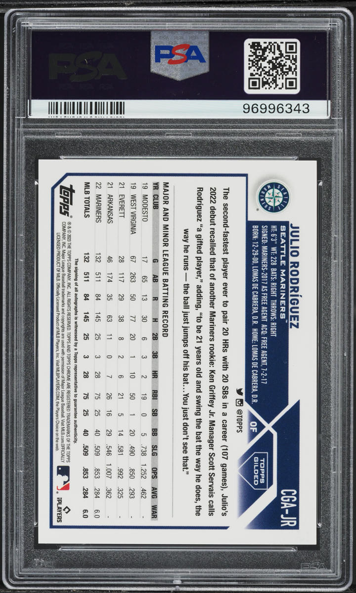 2023 Topps Chrome Gilded Gold Etch Yellow Julio Rodriguez AUTO /75 PSA 10 GEM
