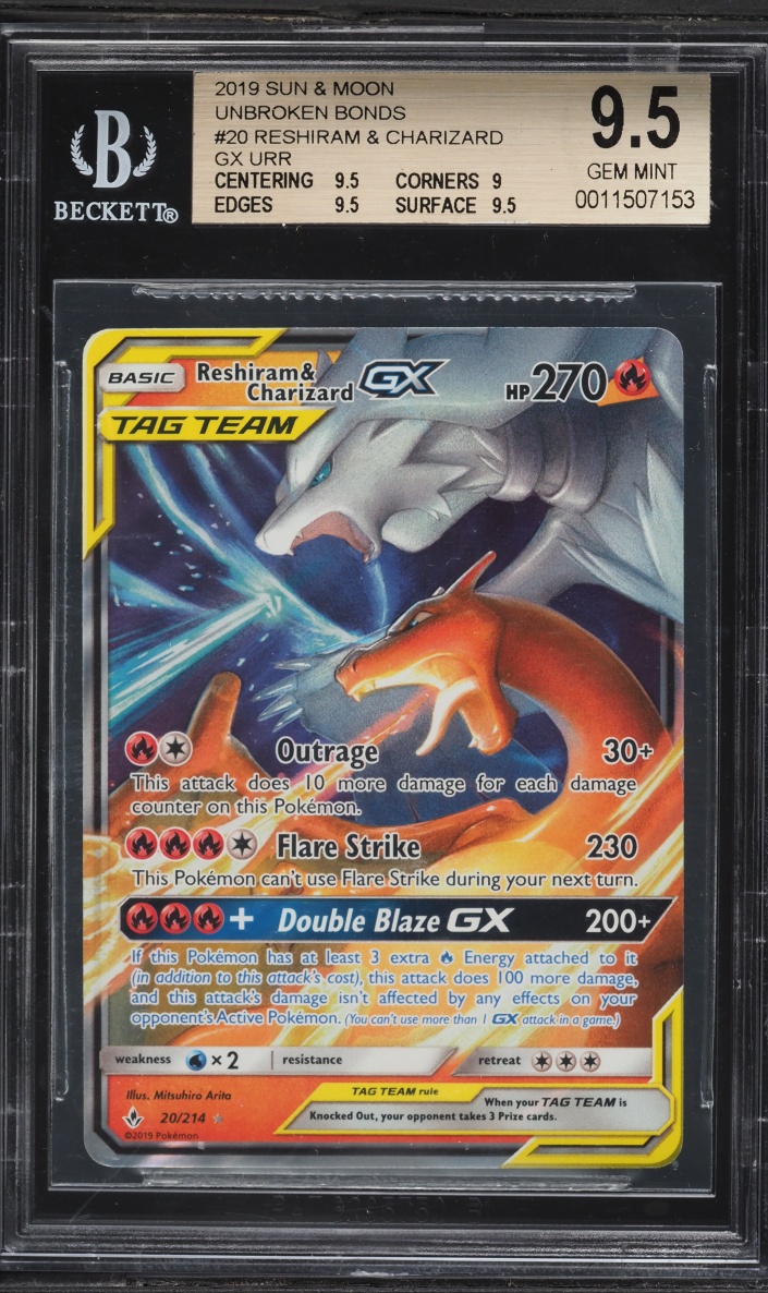 2019 Pokemon Sun & Moon Unbroken Bonds Reshiram & Charizard GX #20 BGS 9.5 GEM MINT