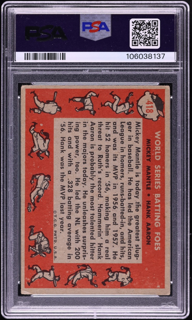 1958 Topps Mickey Mantle & Hank Aaron BATTING FOES #418 PSA 3 VG
