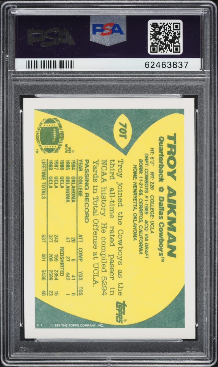 1989 Topps Traded Troy Aikman ROOKIE #70T PSA 8 NM-MT
