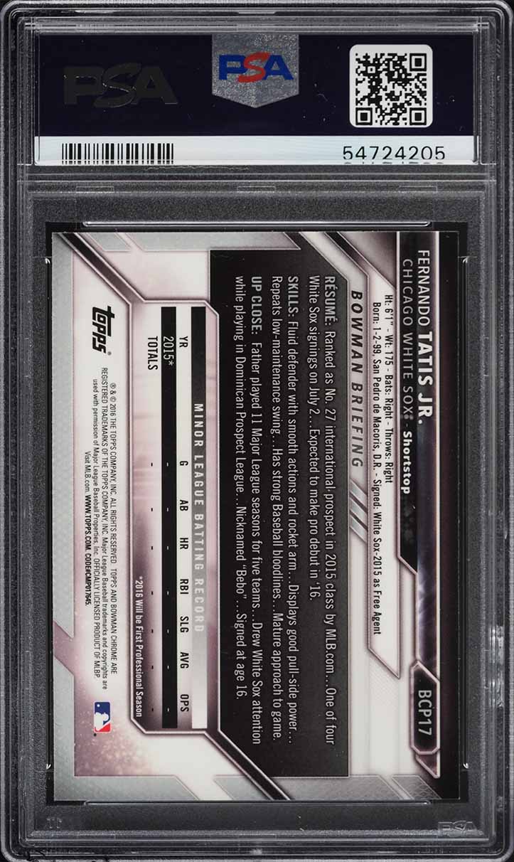 2016 Bowman Chrome Fernando Tatis Jr. PROSPECT #BCP17 PSA 10 GEM MINT