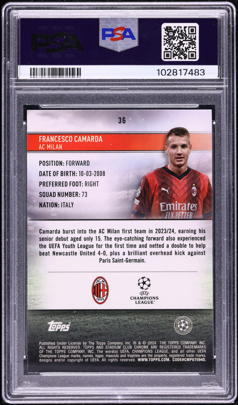 2023 Stadium Club Chrome UEFA Aqua Wave Francesco Camarda RC /250 #36 PSA 10 GEM