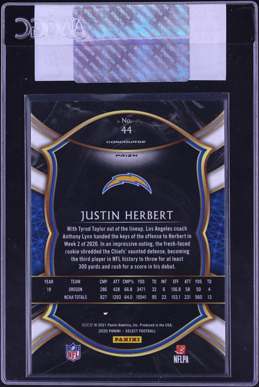 2020 Select Concourse Zebra Justin Herbert ROOKIE #44 CGC AUTH
