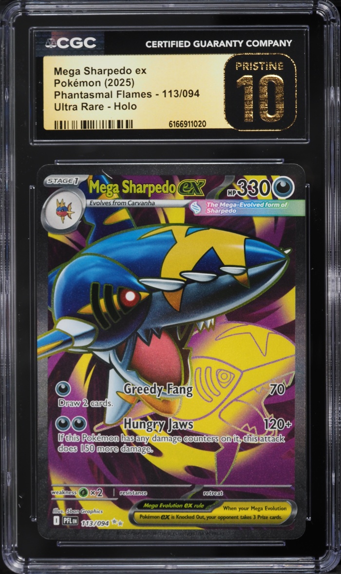 2025 Pokemon Mega Evolution Phantasmal Flames Full Art Mega Sharpedo Ex #113 CGC 10 PRISTINE