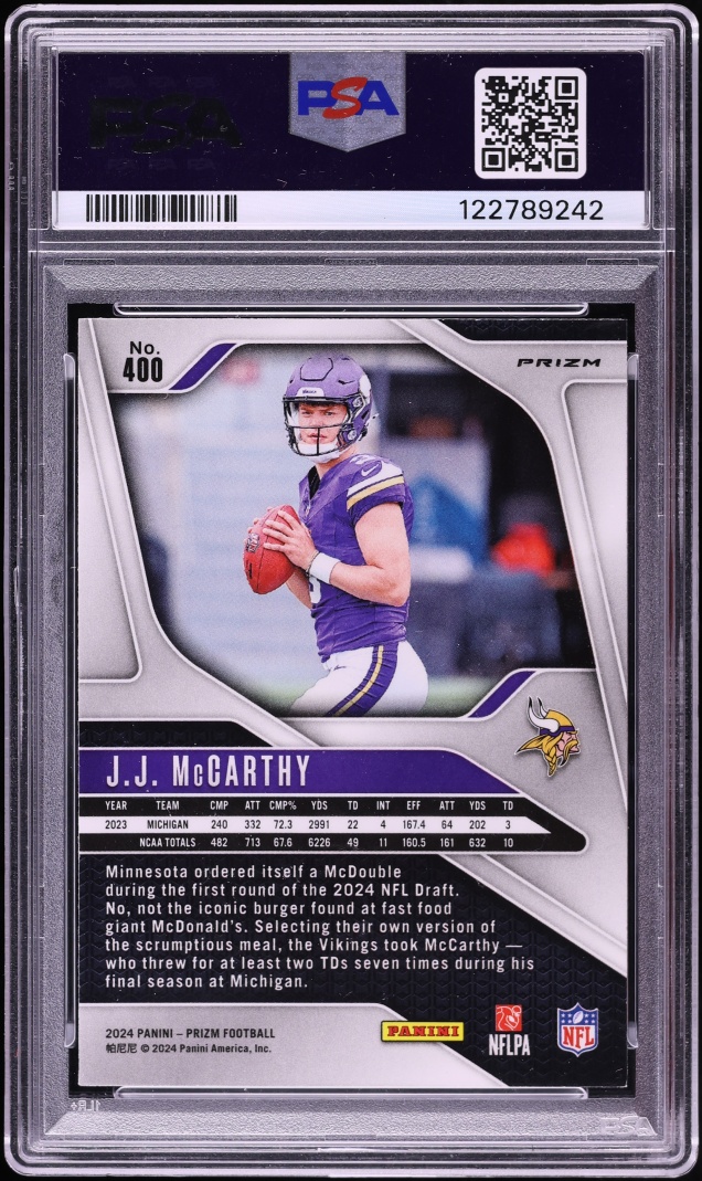 2024 Panini Prizm Black & White Checker J.J. McCarthy ROOKIE #400 PSA 9 MINT