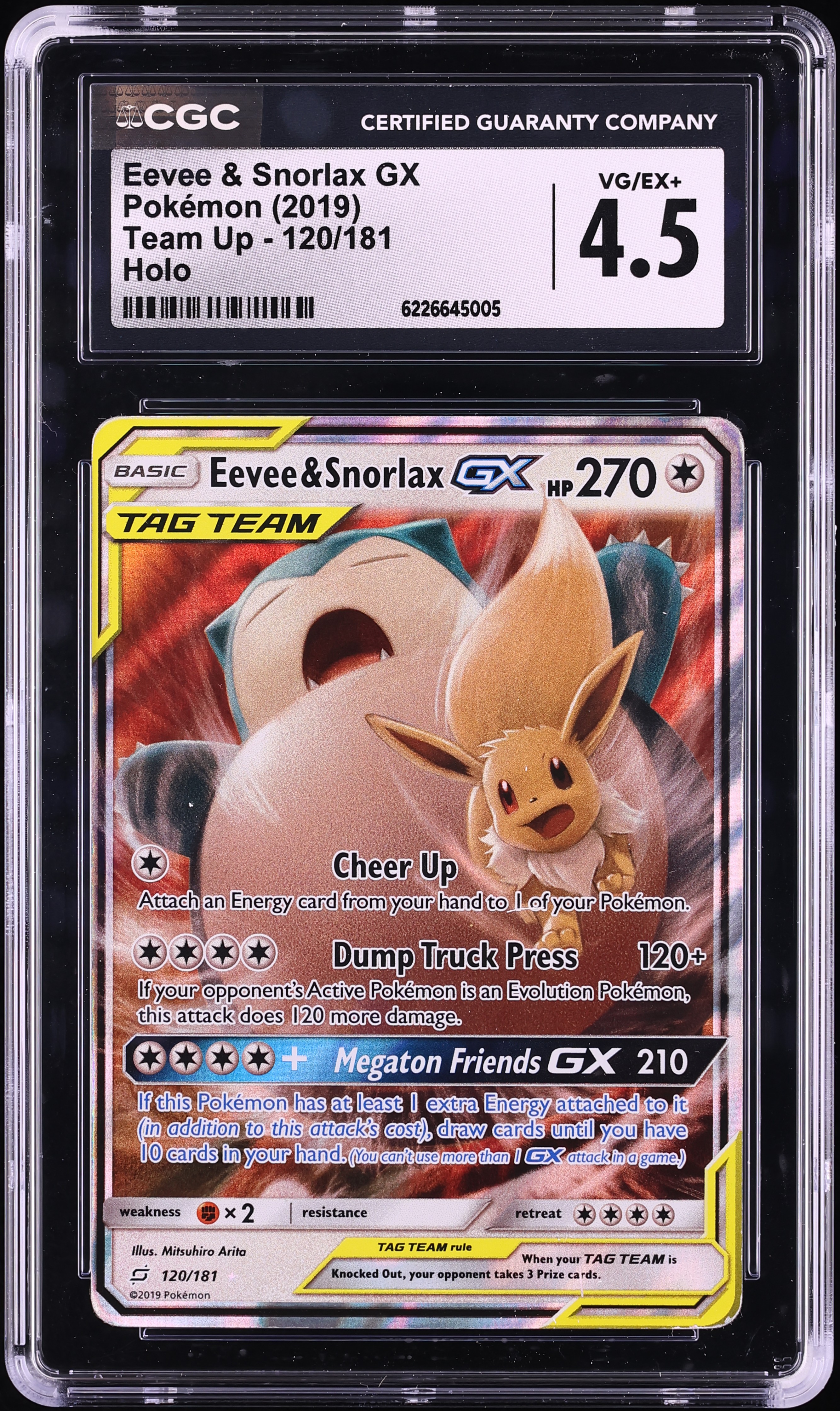 2019 Pokemon Sun & Moon Team Up Holo Eevee & Snorlax GX #120 CGC 4.5 VGEX+