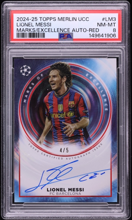 2024 Topps Merlin UEFA CC Marks Of Excellence Red Lionel Messi AUTO /5 #LM3 PSA 8 NM-MT