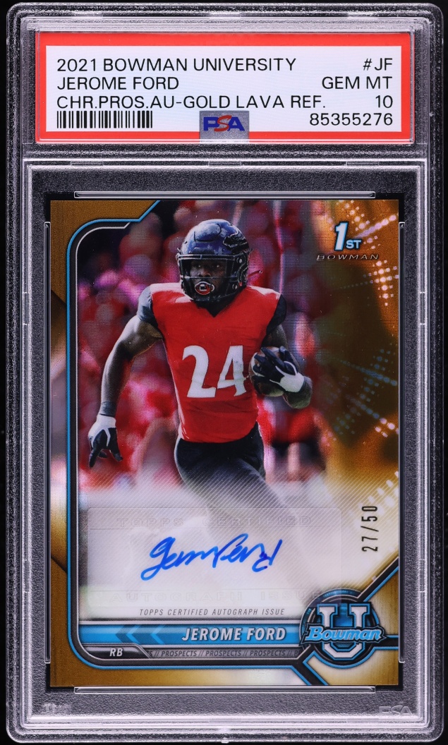 2021 Bowman Chrome University Gold Lava Refractor Jerome Ford ROOKIE AUTO /50 #BCPA-JF PSA 10