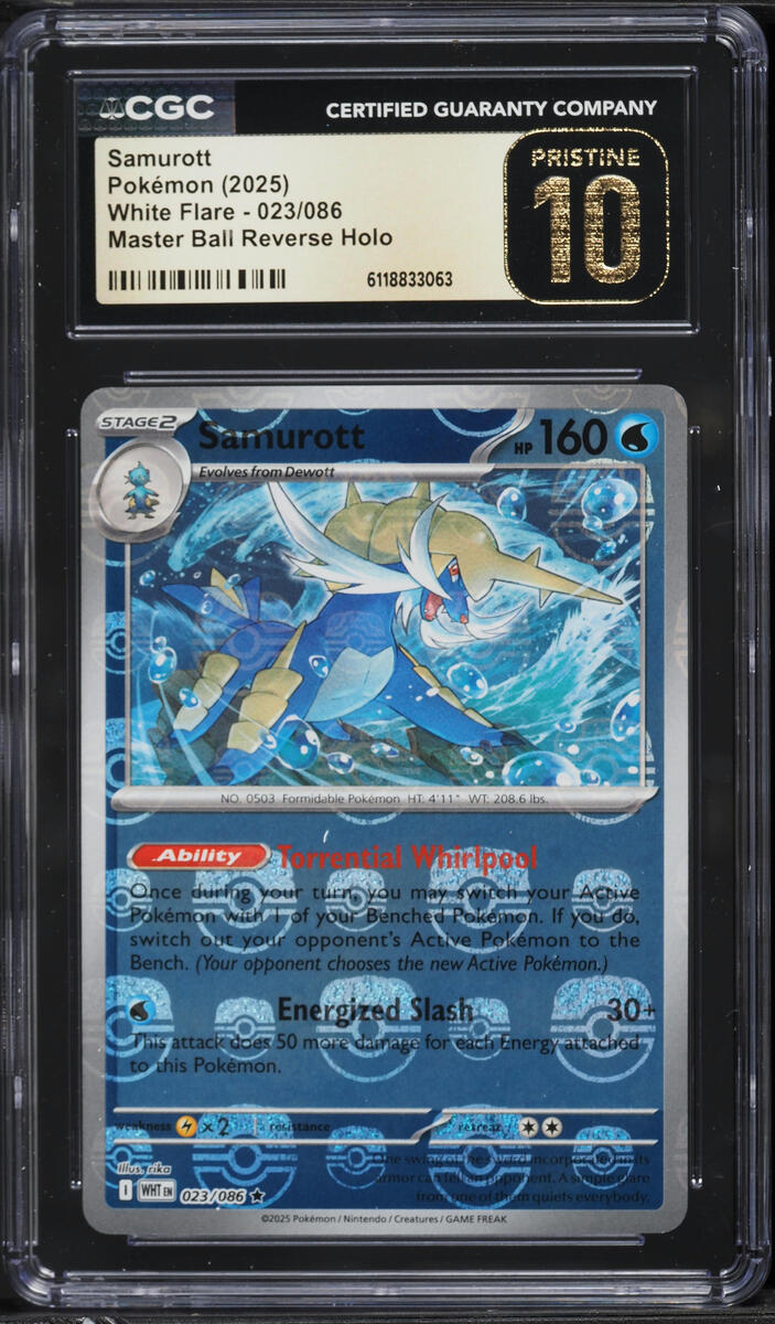 2025 Pokemon Scarlet & Violet White Flare Master Ball Reverse Holo Samurott #23 CGC 10 PRISTINE
