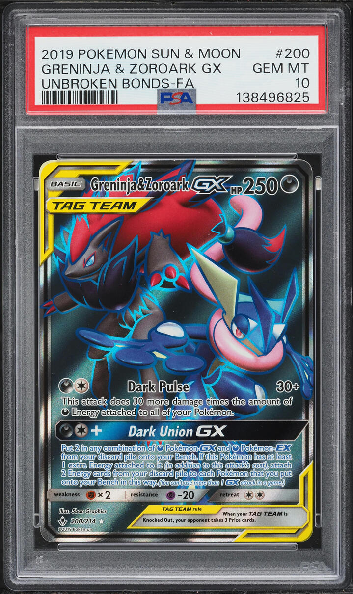 2019 Pokemon Sun & Moon Unbroken Bonds Full Art Greninja & Zoroark GX #200 PSA 10 GEM MINT
