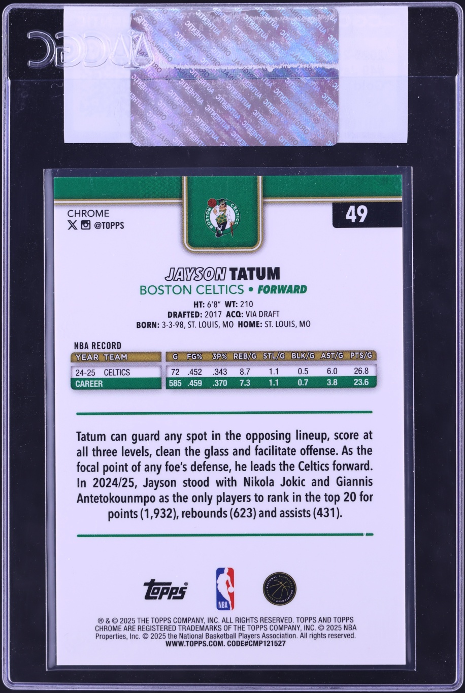 2025 Topps Chrome Sapphire Gold Jayson Tatum /50 #49 CGC AUTH