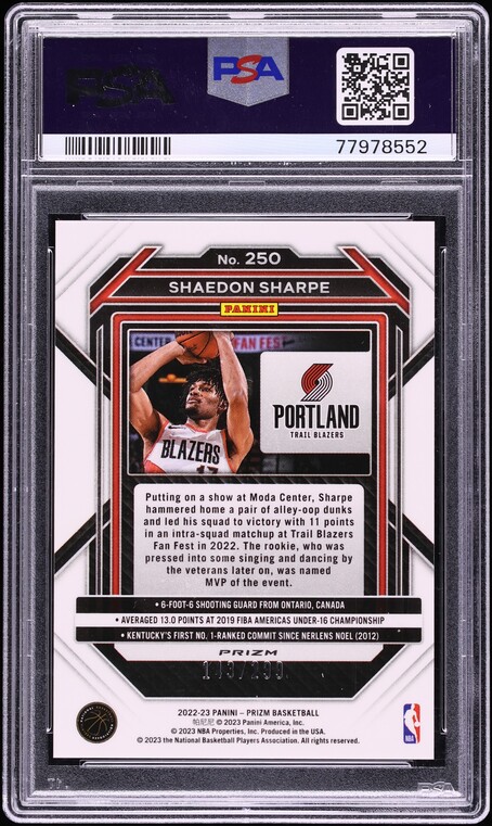2022 Panini Prizm Red Shaedon Sharpe ROOKIE /299 #250 PSA 10 GEM MINT