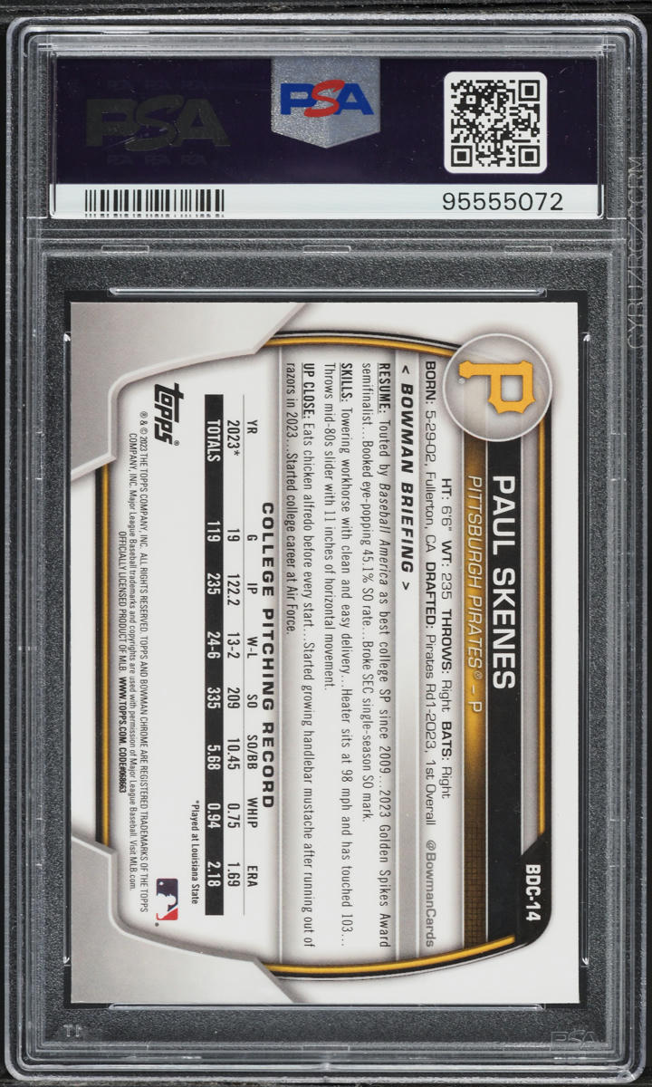 2023 Bowman Chrome Purple Refractor Paul Skenes PROSPECT /250 #BDC14 PSA 10 GEM