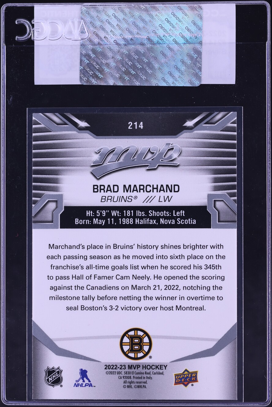 2022 Upper Deck MVP Silver Script Brad Marchand #214 CGC AUTH