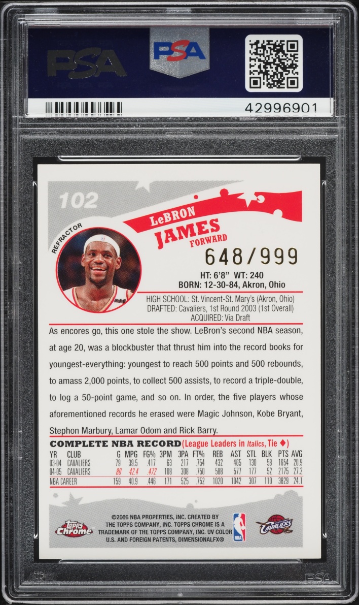 2005 Topps Chrome Refractor LeBron James /999 #102 PSA 10 GEM MINT