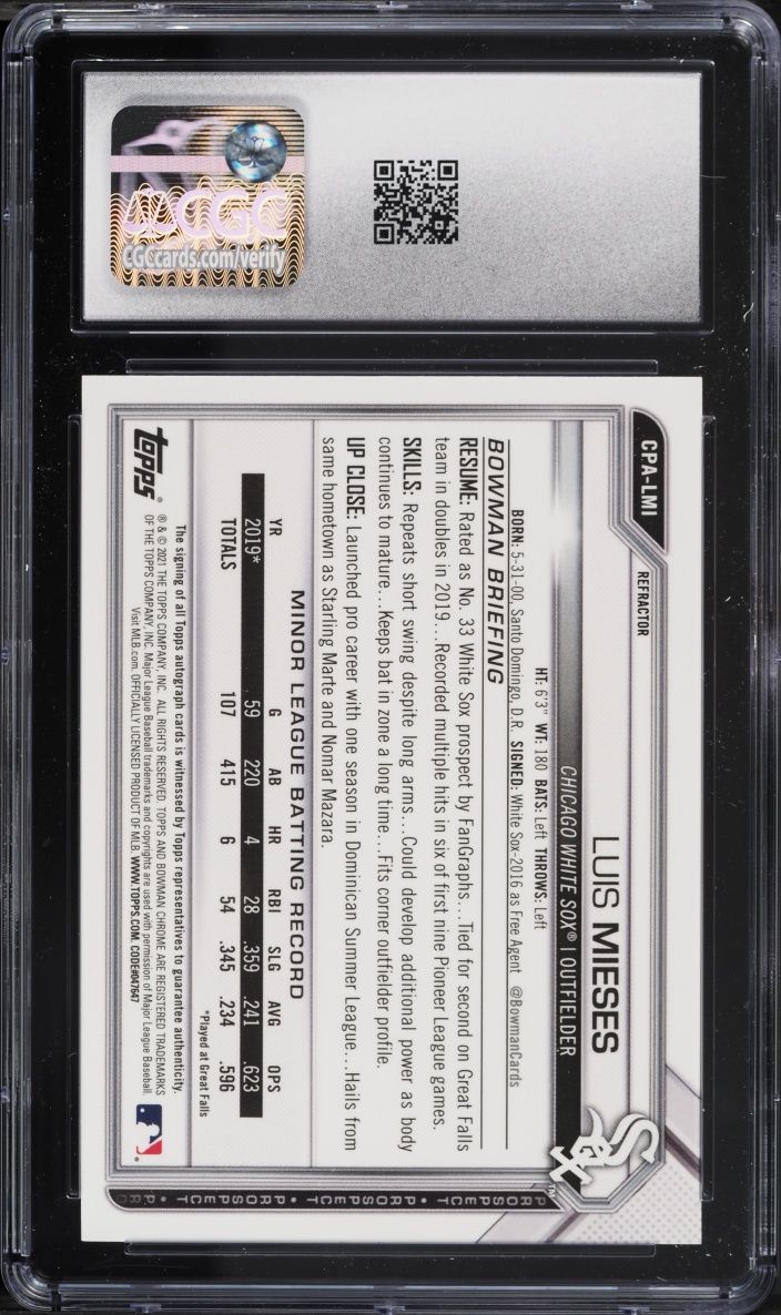 2021 Bowman Chrome Refractor Luis Mieses PROSPECT AUTO /499 #CPA-LMI CGC 10 GEM MINT