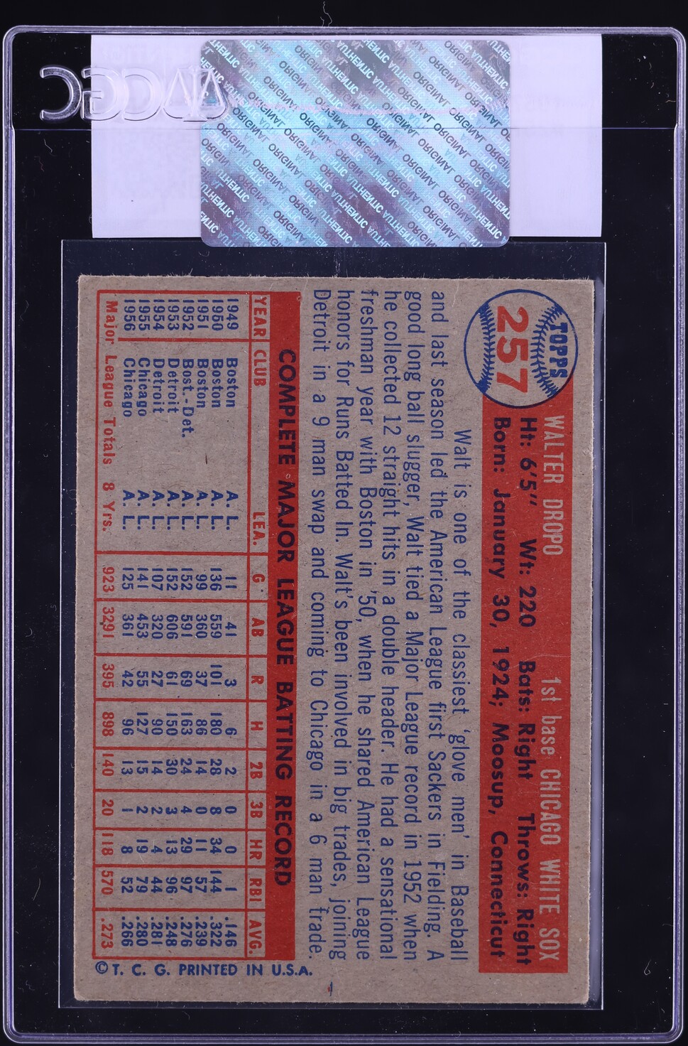 1957 Topps Walt Dropo #257 CGC AUTH