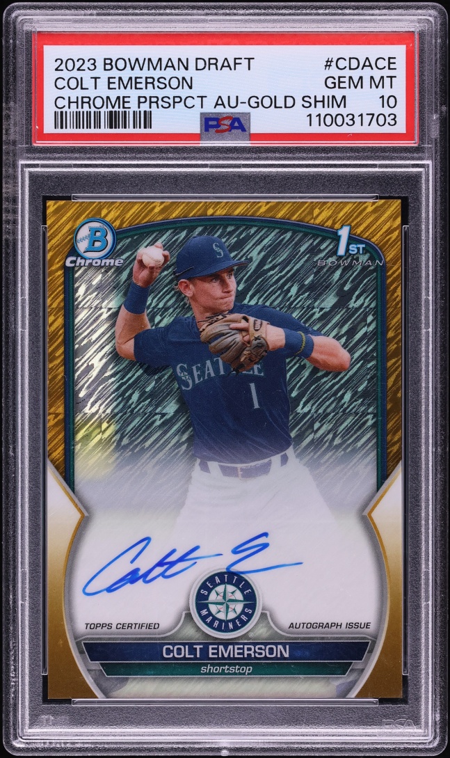 2023 Bowman Chrome Gold Shimmer Colt Emerson PROSPECT AUTO /50 #CDA-CE PSA 10 GEM MINT