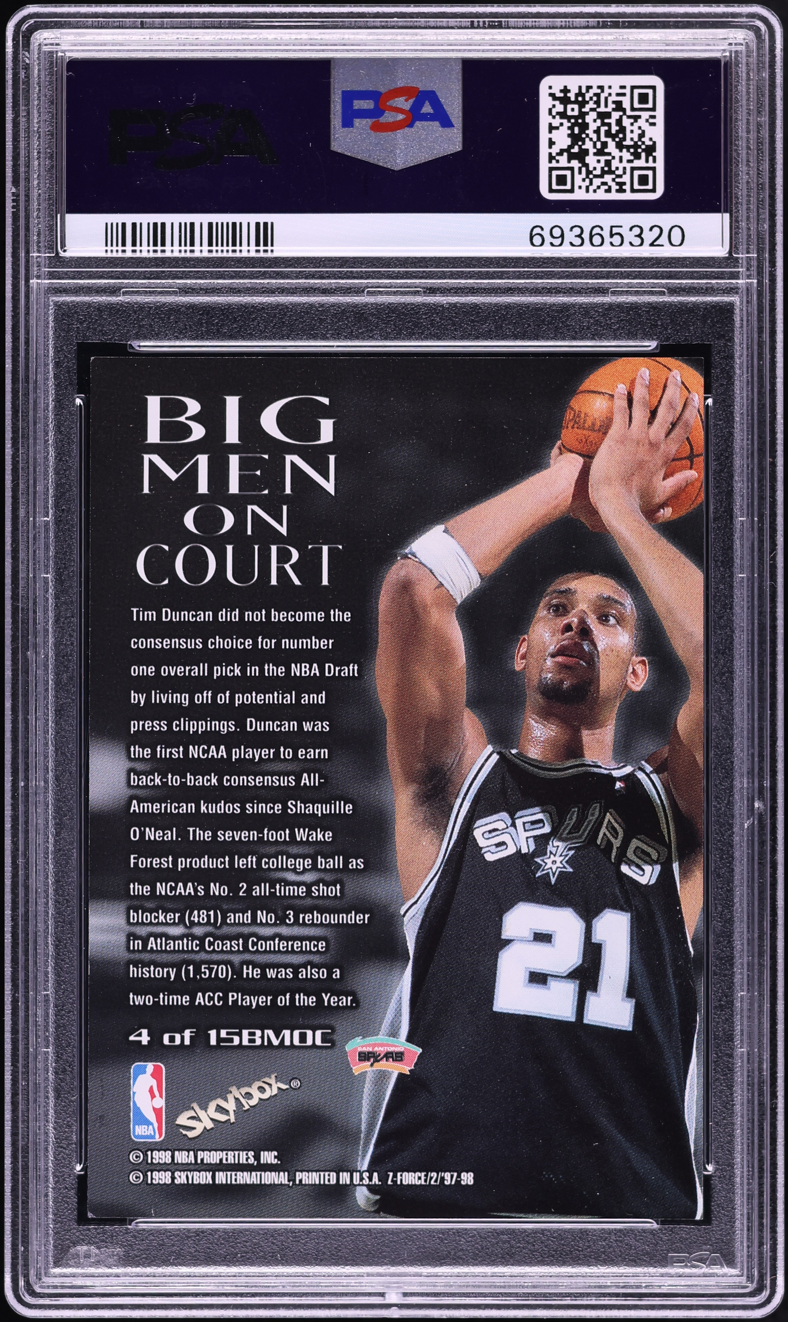 1997 Skybox Z-Force Big Men On Court Tim Duncan ROOKIE /15 #4 PSA
