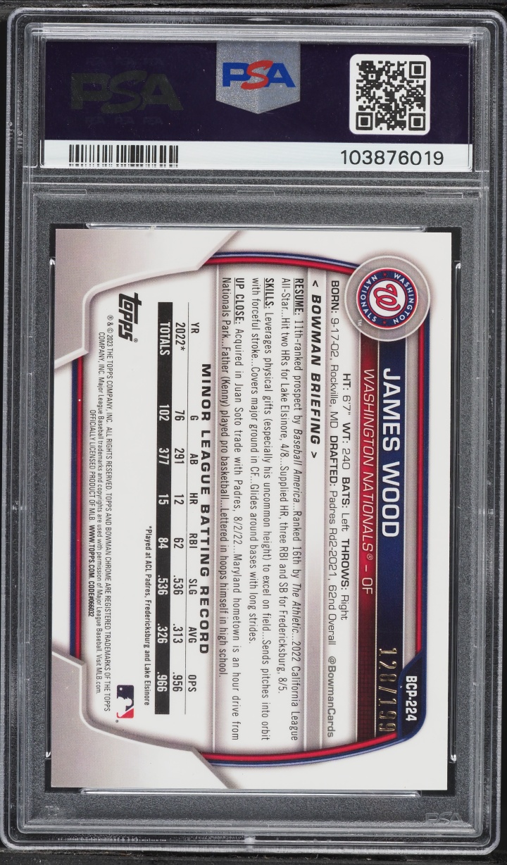 2023 Bowman Chrome Mega Box Pink Refractor James Wood PROSPECT /199 #224 PSA 10 GEM MINT