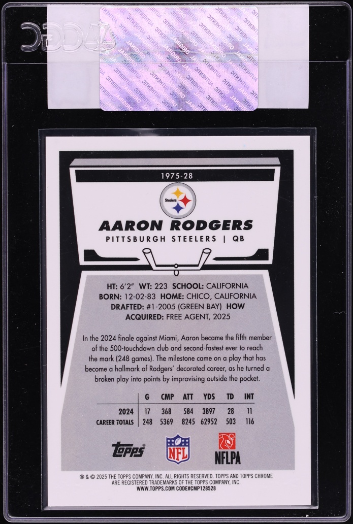 2025 Topps Chrome '75 Gold Refractor Aaron Rodgers /50 #1975-28 CGC AUTH - Photo 2