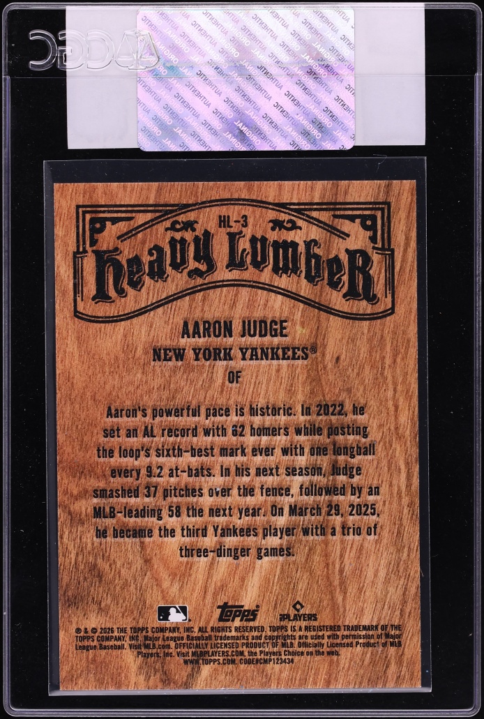 2026 Topps Heavy Lumber Aaron Judge #HL-3 CGC AUTH - Photo 2