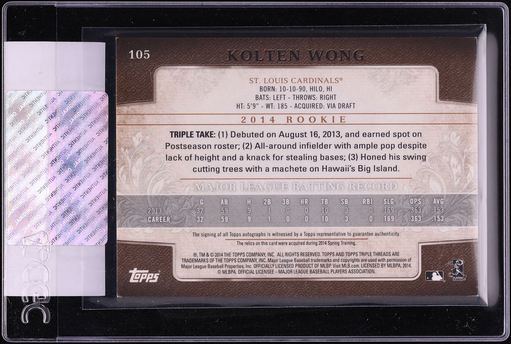 2014 Topps Triple Threads Future Phenom Sepia Kolten Wong ROOKIE PATCH AUTO /75 #105 CGC AUTH - Photo 2