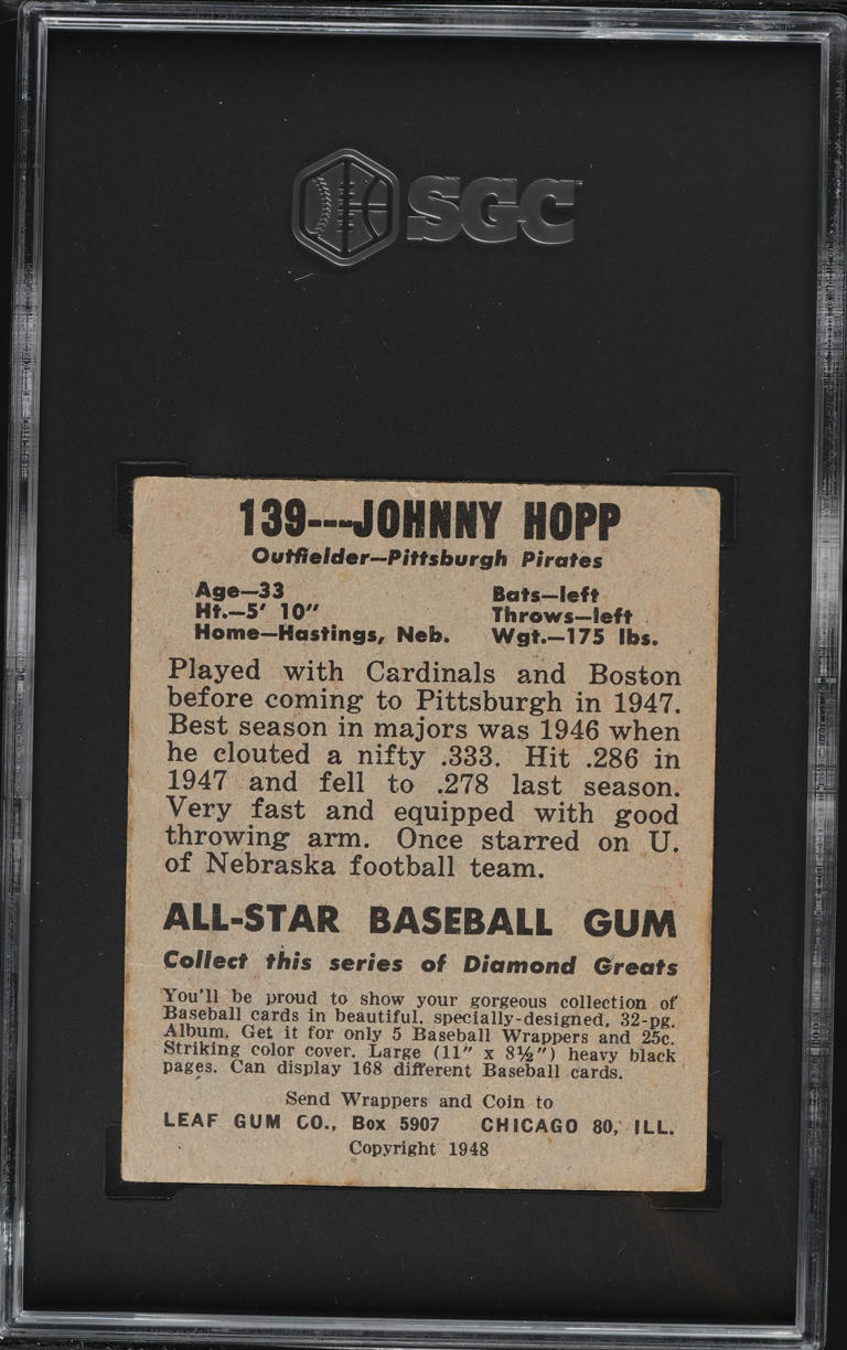 1948 Leaf Gum Johnny Hopp #139 SGC 4 VGEX