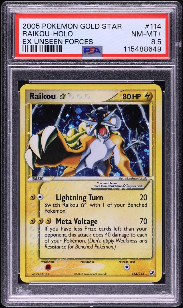 2005 Pokemon EX Unseen Forces Holo Raikou Gold Star #114 PSA 8.5 NM-MT+