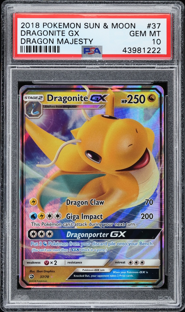 2018 Pokemon Sun & Moon Dragons Majesty Dragonite GX #37 PSA 10 GEM MINT