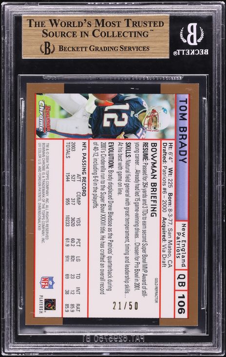 2004 Bowman Chrome Gold Refractor Tom Brady /50 #106 BGS 9.5 GEM MINT