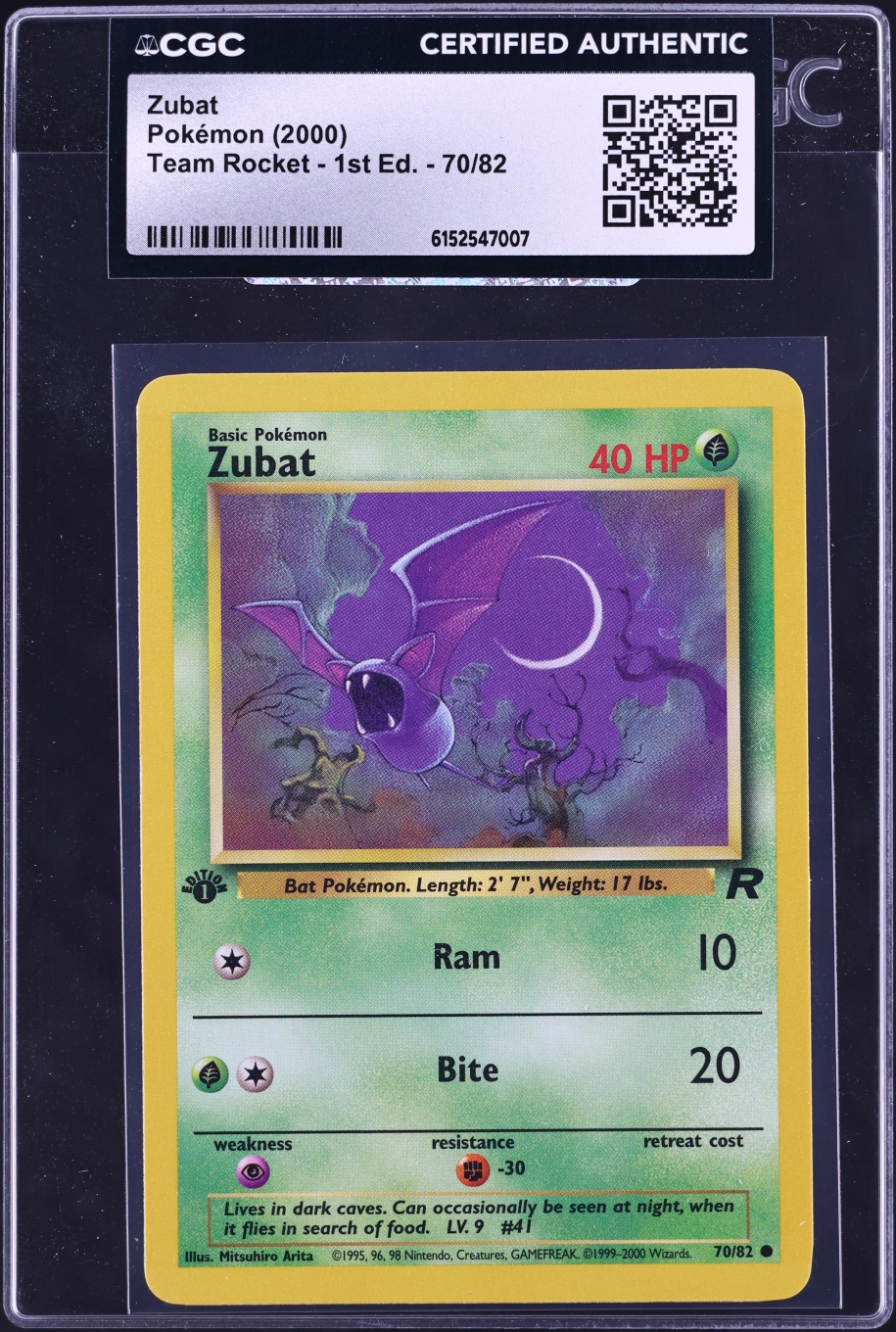 2000 Pokemon Team Rocket 1st Edition Zubat #70 CGC AUTH