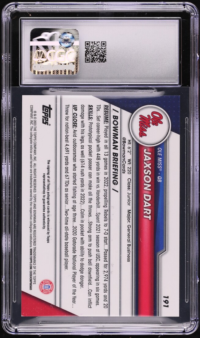 2023 Bowman Chrome University Jaxson Dart ROOKIE AUTO #191 CGC 9 MINT